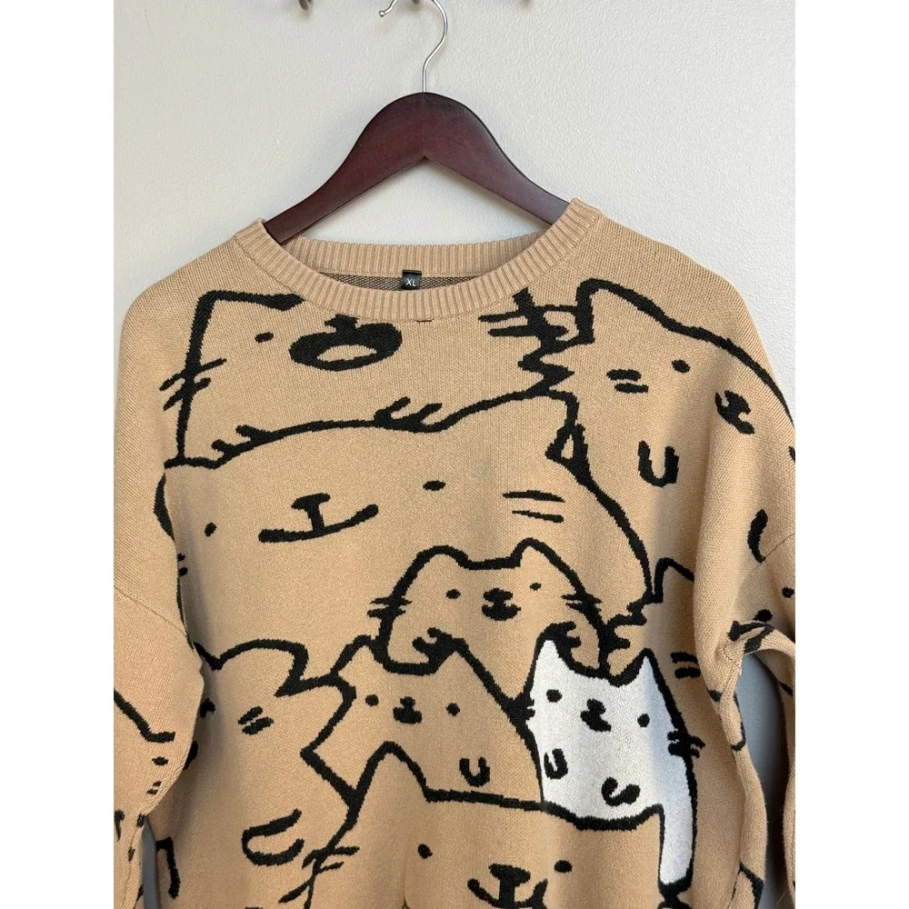 Cat Graphic Knit Sweater Tan Oversized Crewneck Feline Print XL Y2K Quirky